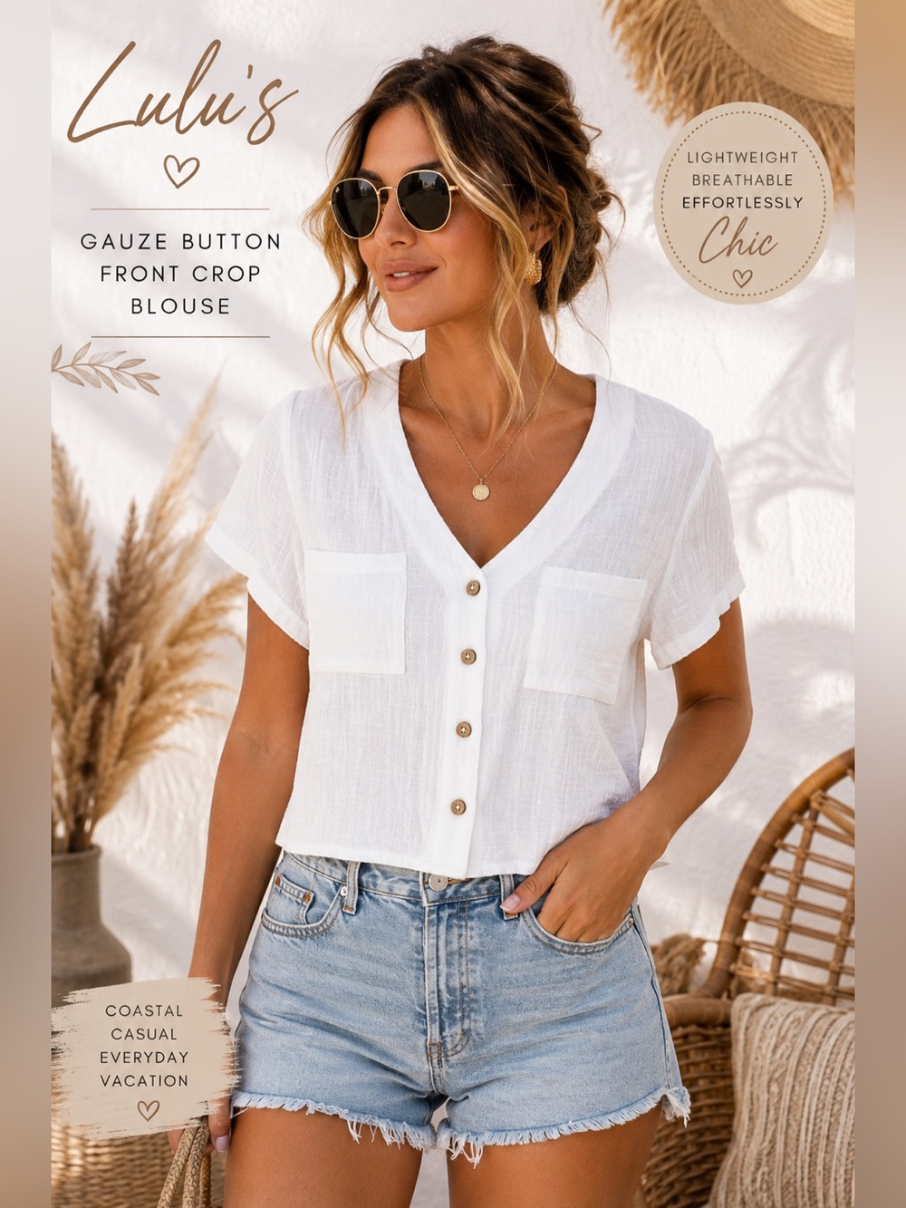 Lulu’s White Gauze Button Front Crop Blouse | XS | Coastal Linen Look